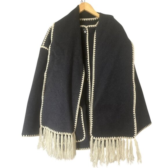 Embroidered Scarf Jacket Dark Grey Wool Size 0 Crochet Fringe Oversized Boho - Picture 2 of 9